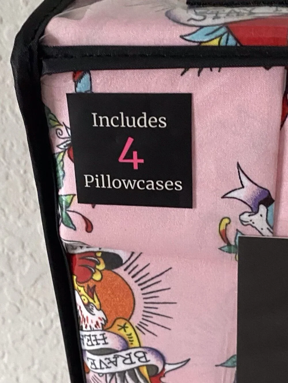 6 Piece Ed Hardy QUEEN Size Sheet Set Pink Roses Hearts Logo Tattoo NEW